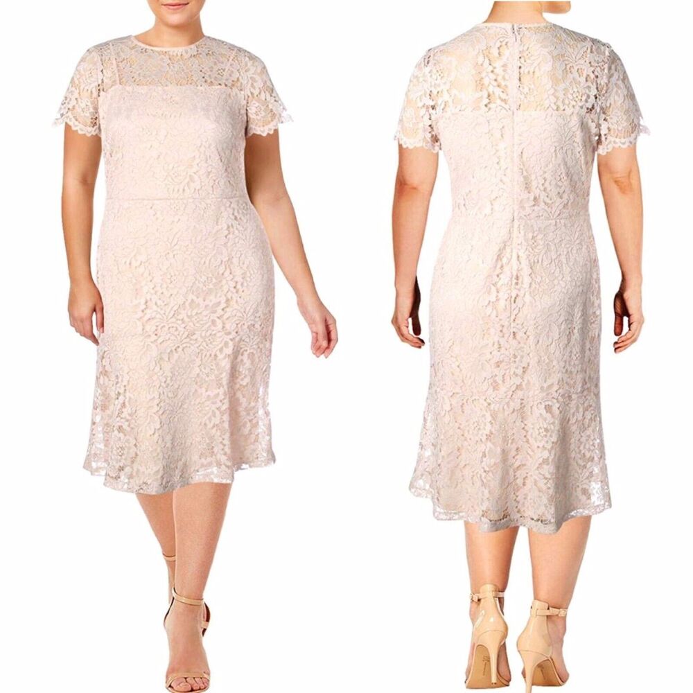 Lauren Ralph Lauren Women 10 Loki Evening Dress Belle Rose Pink Midi Lace NEW